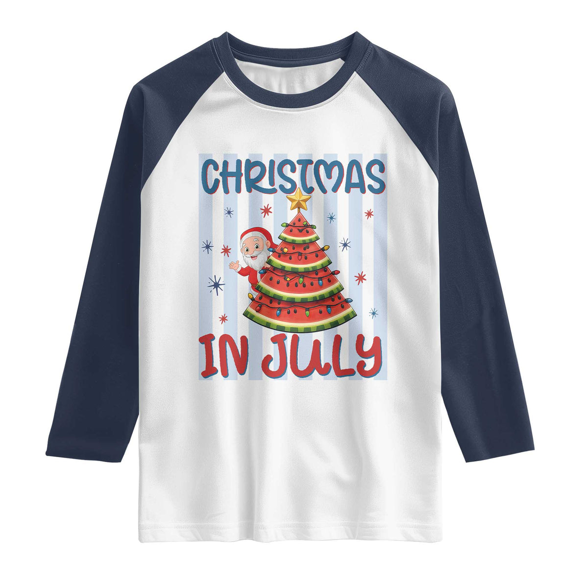 Funny Santa Christmas in July Raglan Shirt Melon Christmas Tree Summer