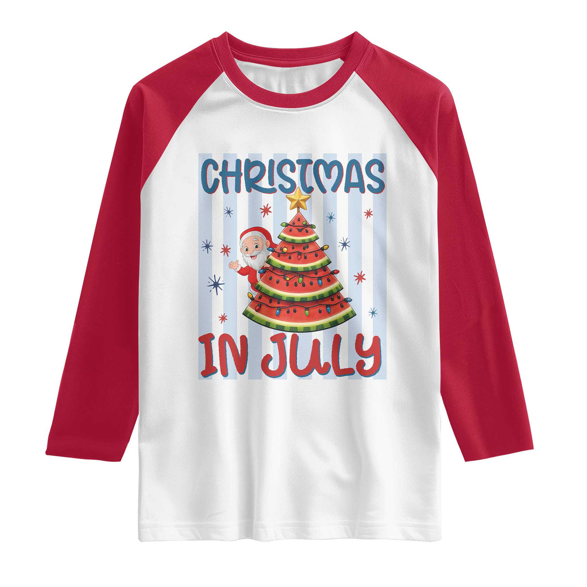 Funny Santa Christmas in July Raglan Shirt Melon Christmas Tree Summer