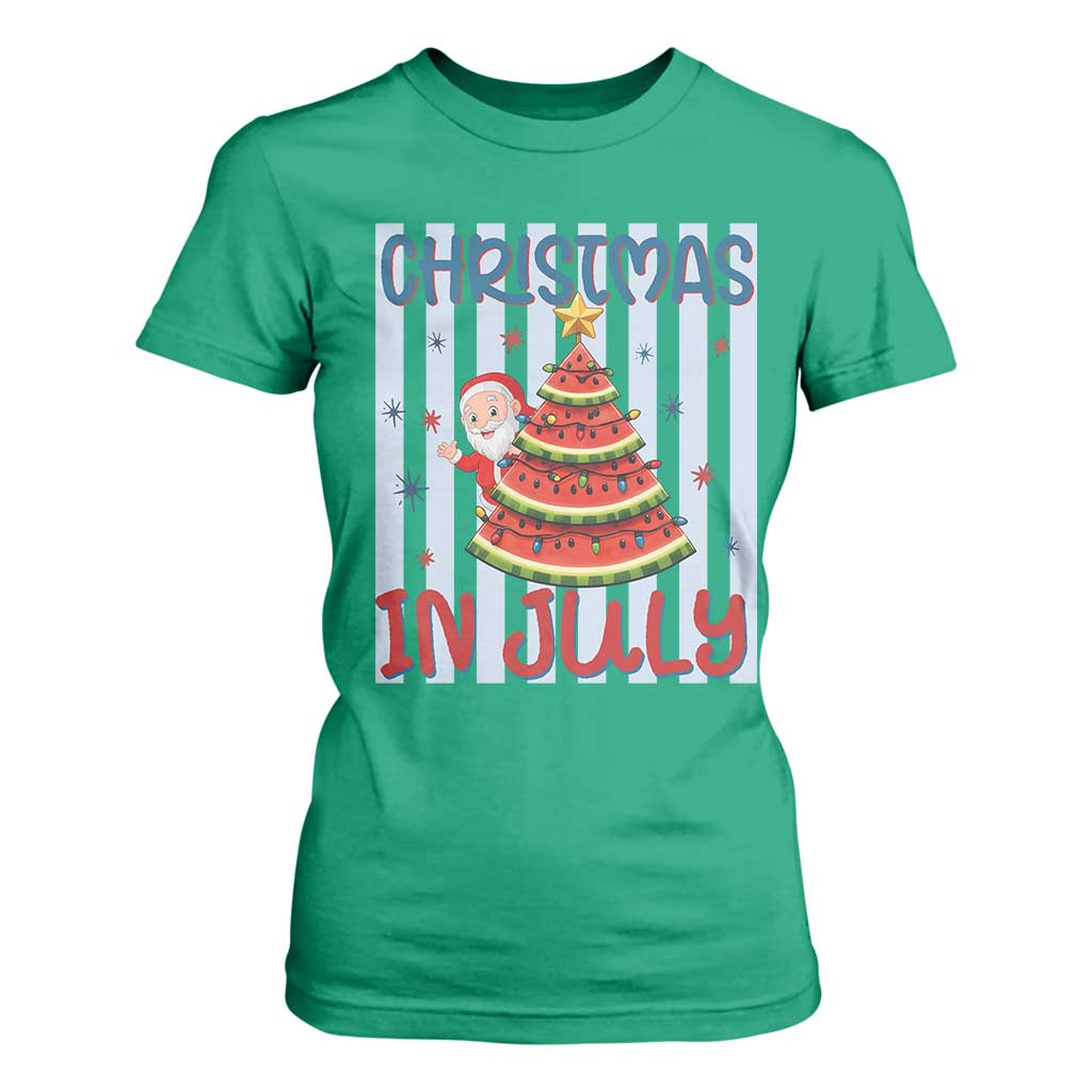 Funny Santa Christmas in July T Shirt For Women Melon Christmas Tree Summer