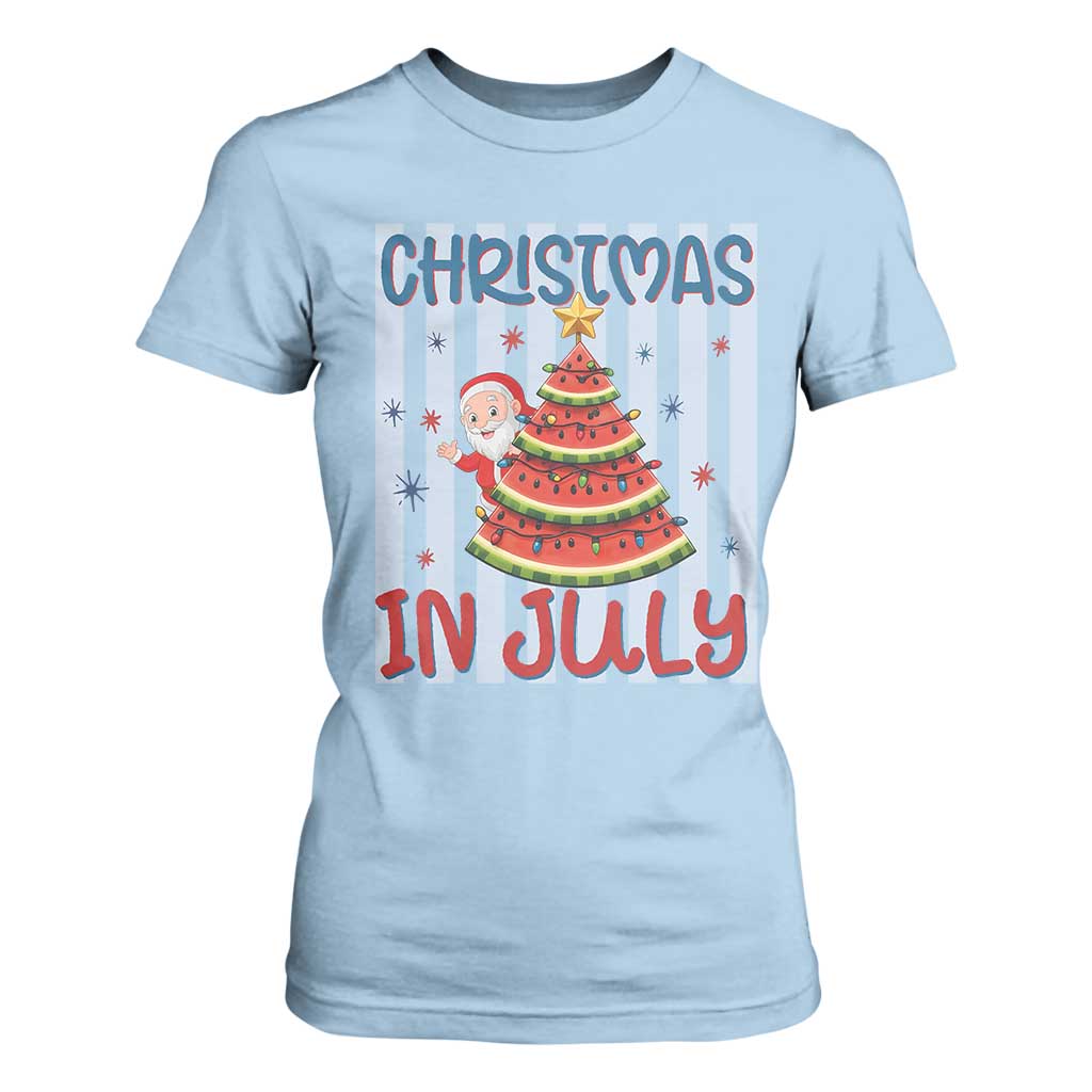 Funny Santa Christmas in July T Shirt For Women Melon Christmas Tree Summer