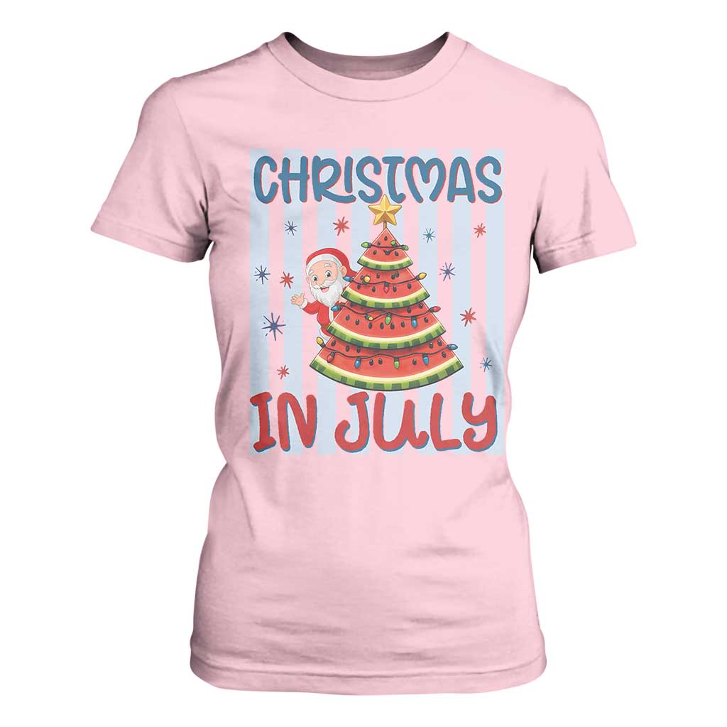 Funny Santa Christmas in July T Shirt For Women Melon Christmas Tree Summer