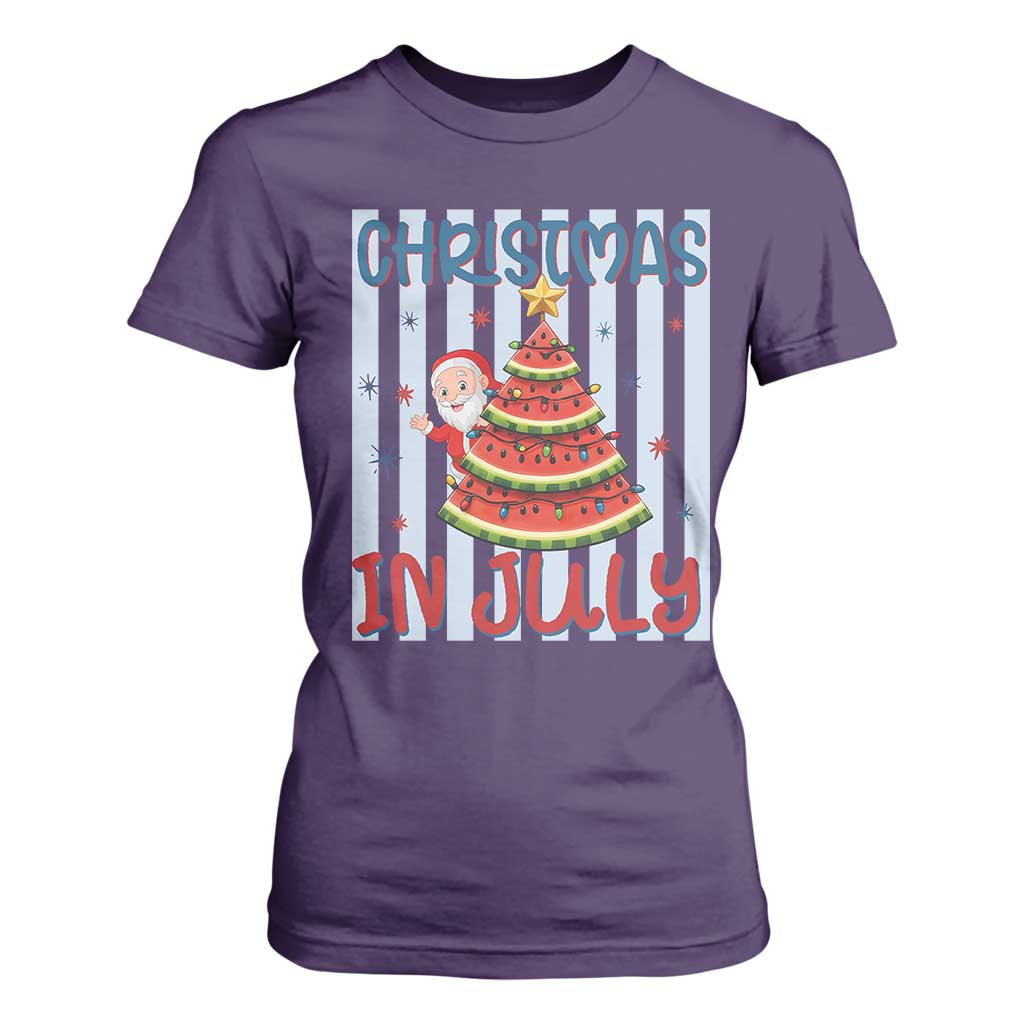 Funny Santa Christmas in July T Shirt For Women Melon Christmas Tree Summer