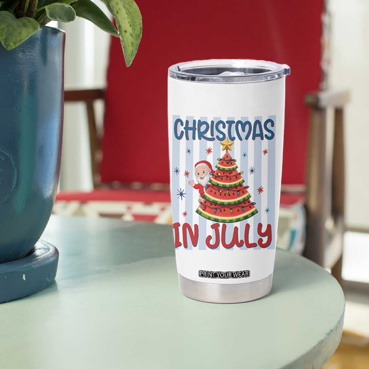Funny Santa Christmas in July Tumbler Cup Melon Christmas Tree Summer