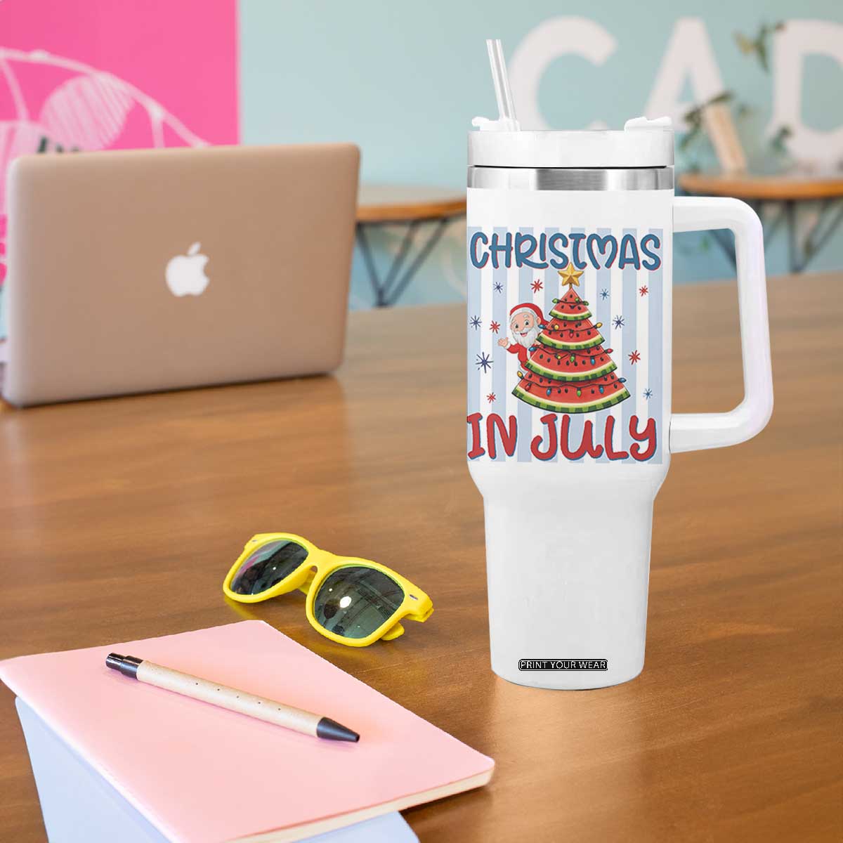 Funny Santa Christmas in July Tumbler With Handle Melon Christmas Tree Summer