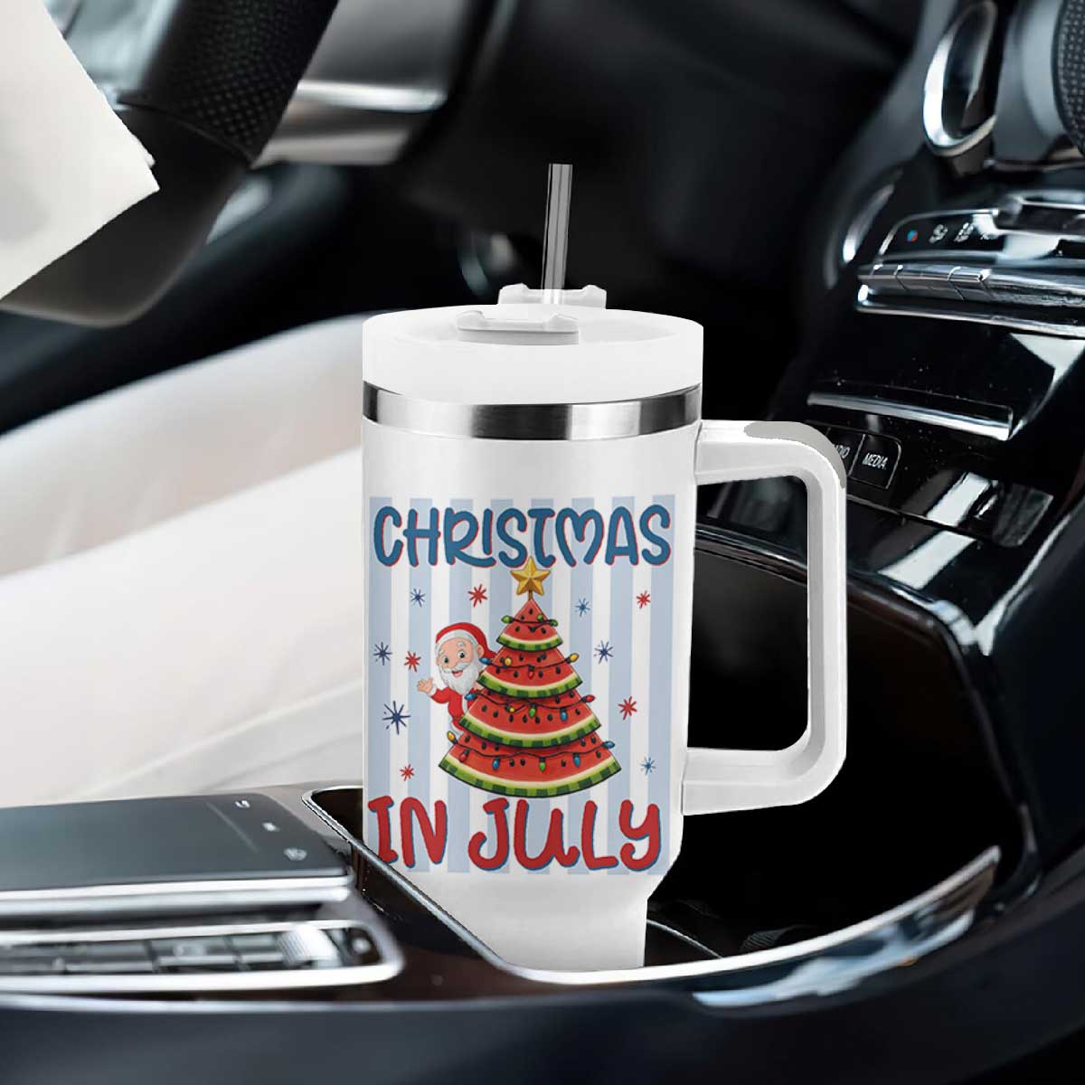 Funny Santa Christmas in July Tumbler With Handle Melon Christmas Tree Summer