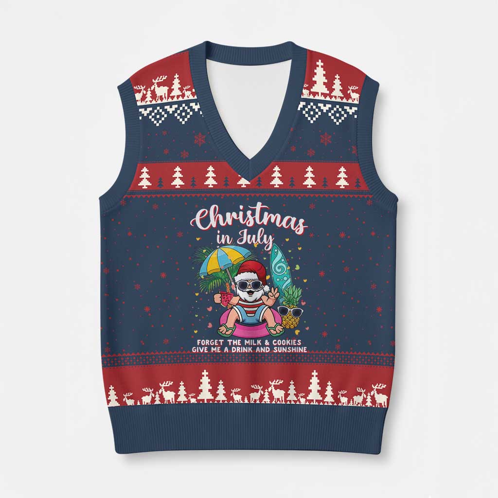 Christmas in July Santa V-Neck Knit Sweater Vest Palm Tree Beach Summer Hawaii TS14 Navy Red Print Your Wear