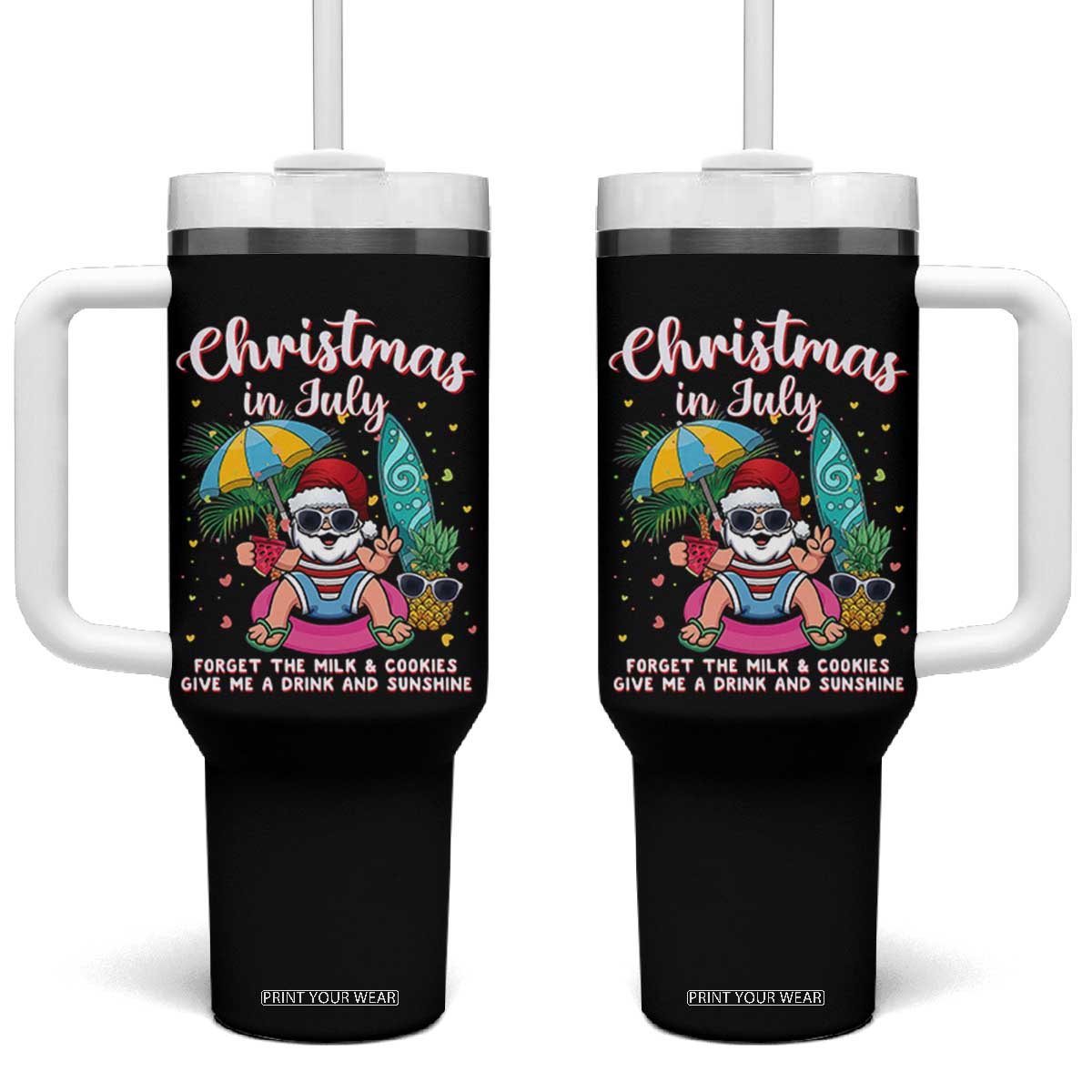 Christmas in July Santa Tumbler With Handle Palm Tree Beach Summer Hawaii