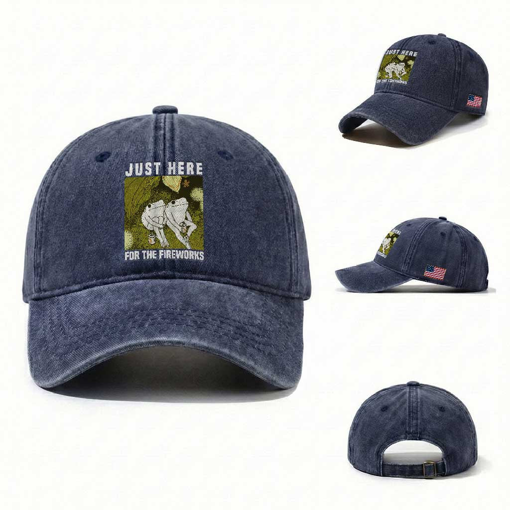 Funny Frog 4th of July Washed Cotton Baseball Cap Just Here For The Fireworks TS14 Washed Cap Universal Fit Navy Print Your Wear