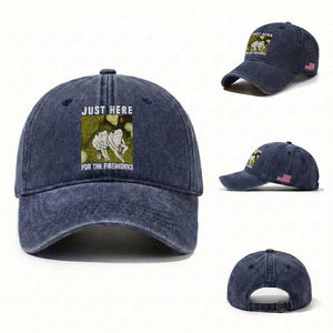 Funny Frog 4th of July Washed Cotton Baseball Cap Just Here For The Fireworks TS14 Washed Cap Universal Fit Navy Print Your Wear