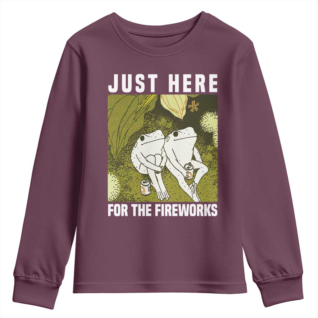 Funny Frog 4th of July Youth Sweatshirt Just Here For The Fireworks TS14 Maroon Print Your Wear