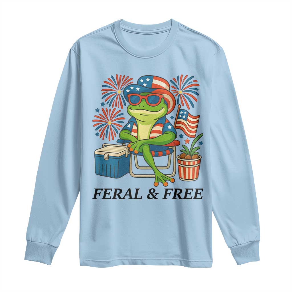 Feral & Free Long Sleeve Shirt Funny 4th of July Patriotic Frog Lovers TS14 Light Blue Print Your Wear