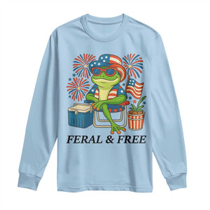 Feral & Free Long Sleeve Shirt Funny 4th of July Patriotic Frog Lovers TS14 Light Blue Print Your Wear
