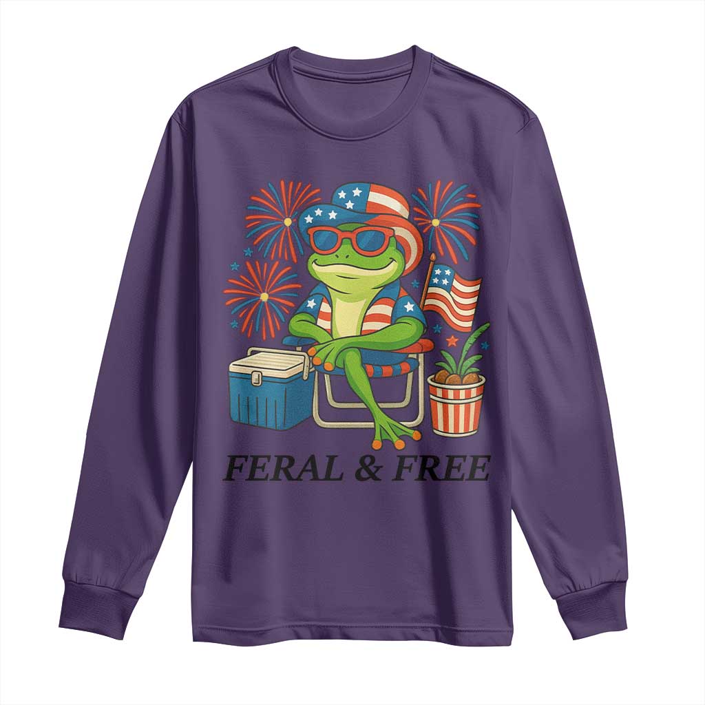 Feral & Free Long Sleeve Shirt Funny 4th of July Patriotic Frog Lovers TS14 Purple Print Your Wear