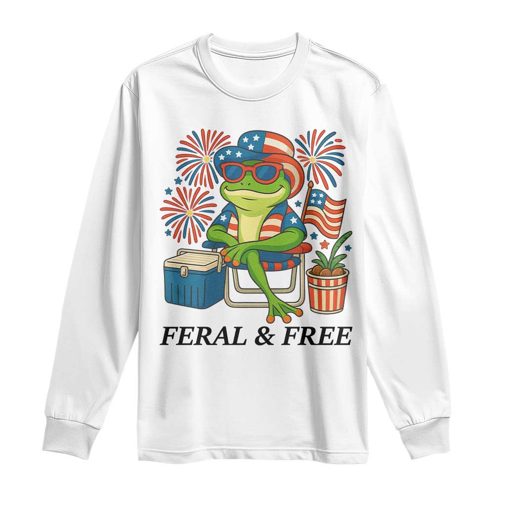 Feral & Free Long Sleeve Shirt Funny 4th of July Patriotic Frog Lovers TS14 White Print Your Wear