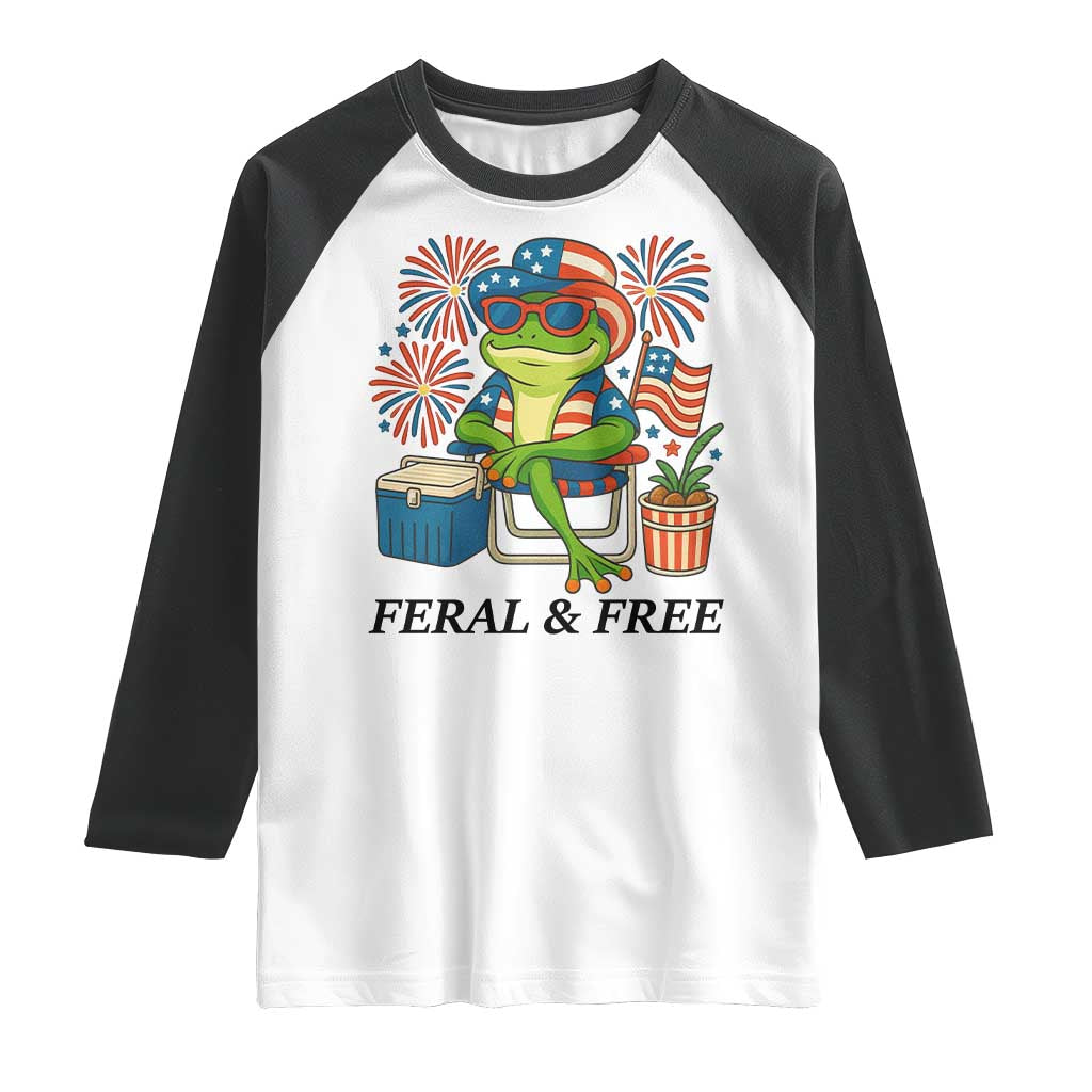 Feral & Free Raglan Shirt Funny 4th of July Patriotic Frog Lovers TS14 White Black Print Your Wear
