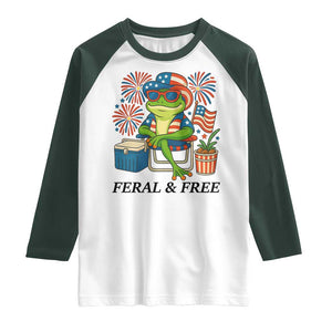 Feral & Free Raglan Shirt Funny 4th of July Patriotic Frog Lovers TS14 White Dark Forest Green Print Your Wear