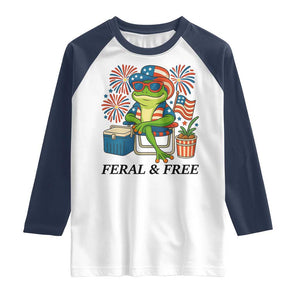 Feral & Free Raglan Shirt Funny 4th of July Patriotic Frog Lovers TS14 White Navy Print Your Wear