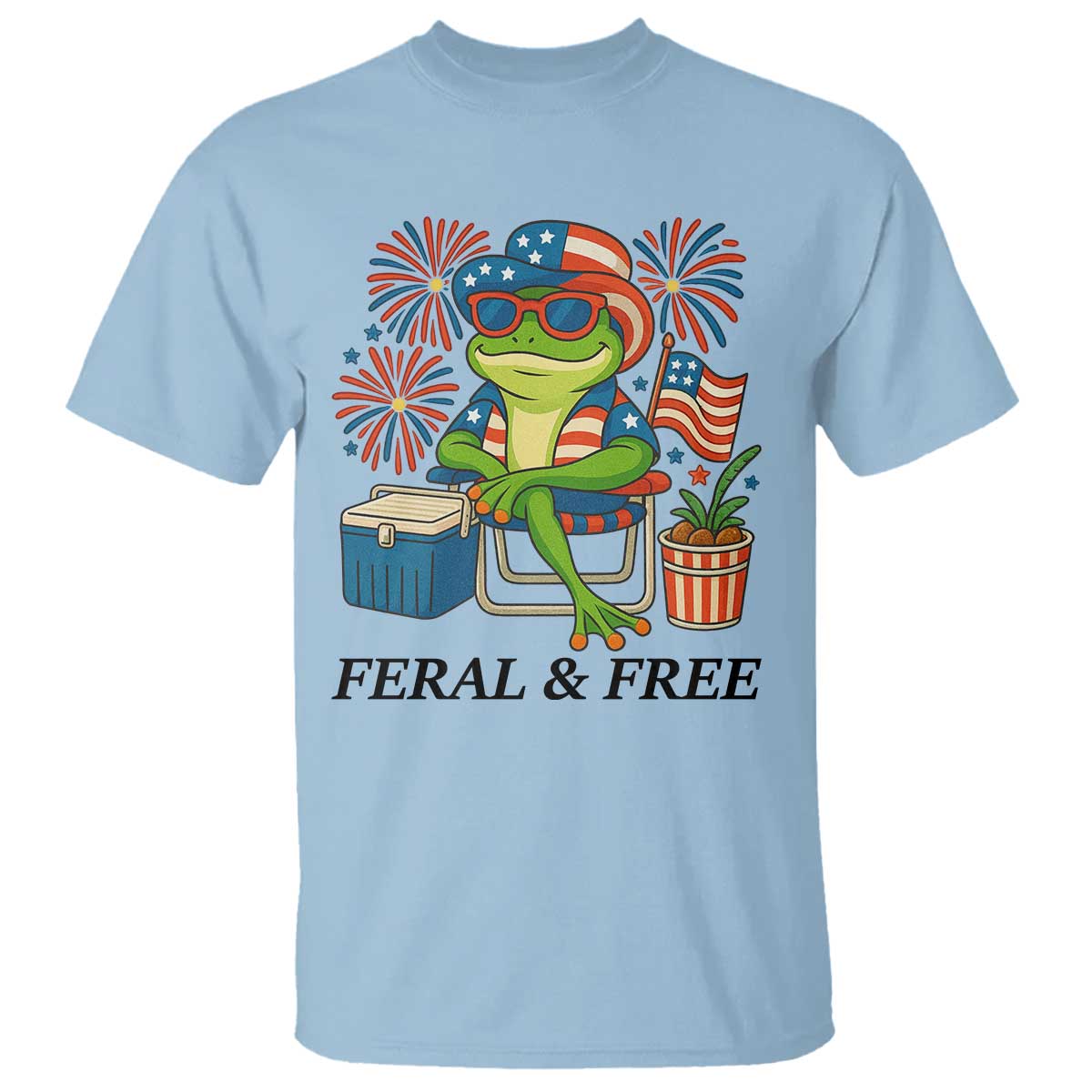 Feral & Free T Shirt Funny 4th of July Patriotic Frog Lovers TS14 Light Blue Print Your Wear