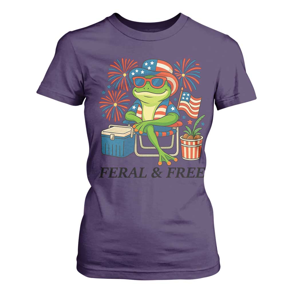 Feral & Free T Shirt For Women Funny 4th of July Patriotic Frog Lovers TS14 Purple Print Your Wear