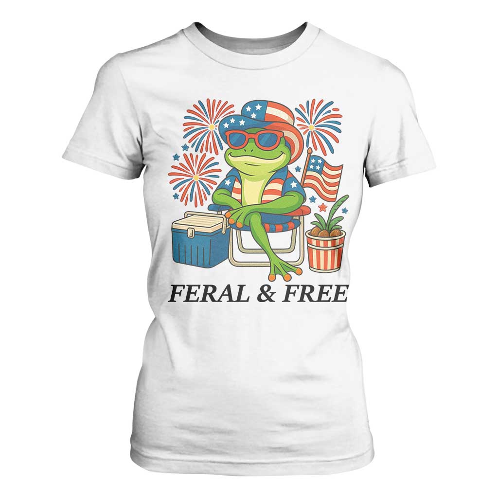 Feral & Free T Shirt For Women Funny 4th of July Patriotic Frog Lovers TS14 White Print Your Wear