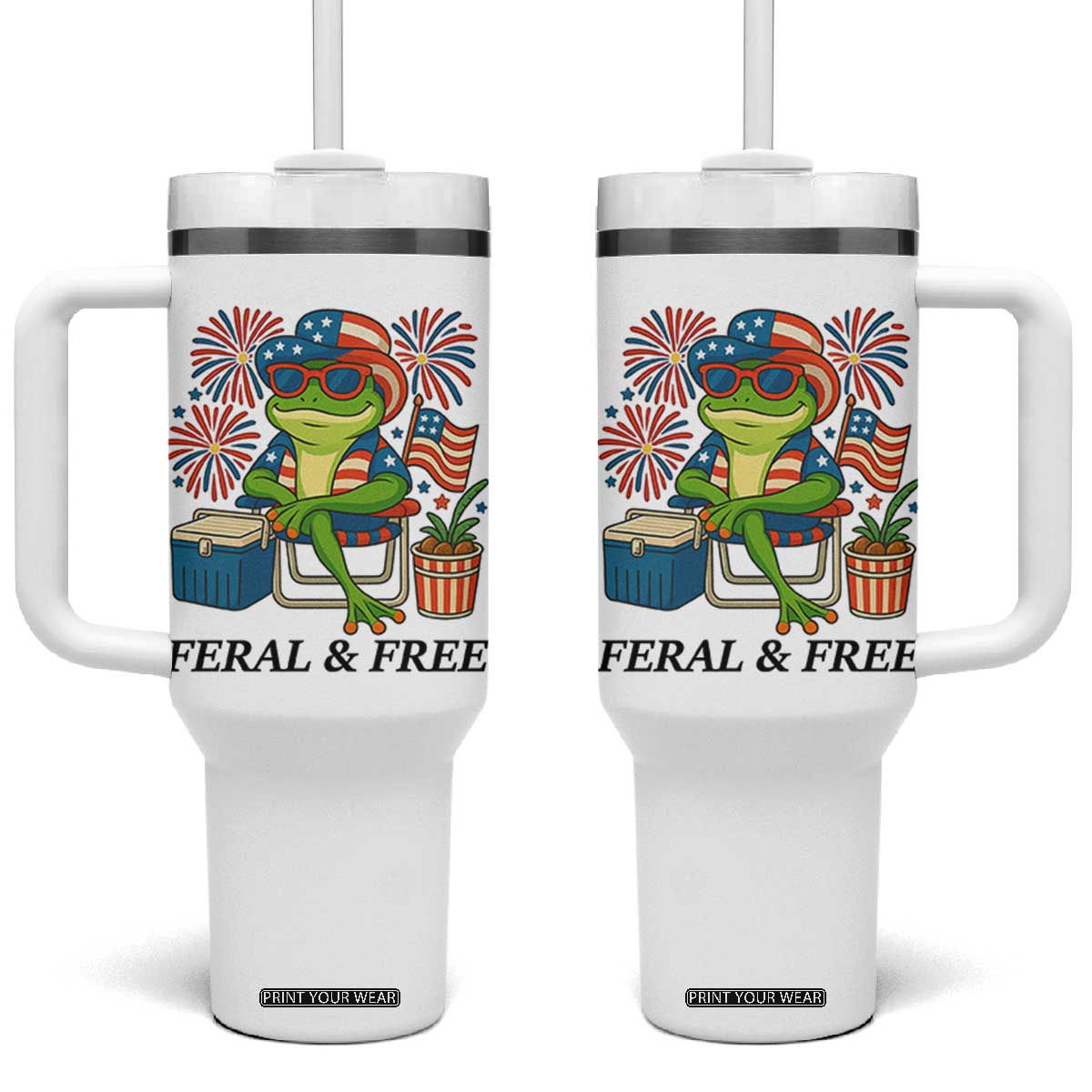 Feral & Free Tumbler With Handle Funny 4th of July Patriotic Frog Lovers TS14 One Size: 40 oz White Print Your Wear