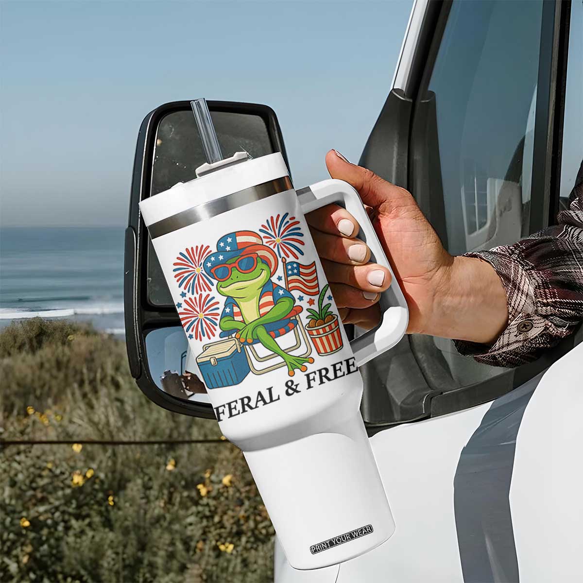 Feral & Free Tumbler With Handle Funny 4th of July Patriotic Frog Lovers TS14 Print Your Wear