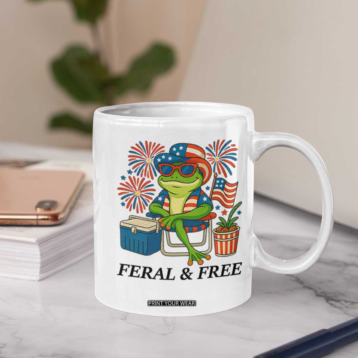 Feral & Free Coffee Mug Funny 4th of July Patriotic Frog Lovers TS14 Print Your Wear