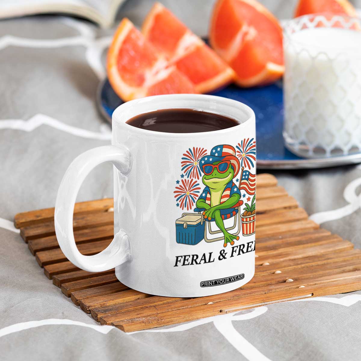 Feral & Free Coffee Mug Funny 4th of July Patriotic Frog Lovers TS14 Print Your Wear