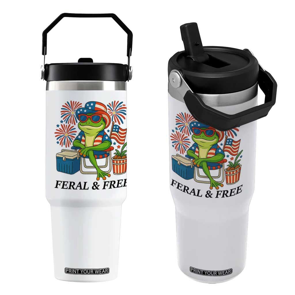 Feral & Free Flip Straw Tumbler Funny 4th of July Patriotic Frog Lovers TS14 One Size: 30 oz White Print Your Wear