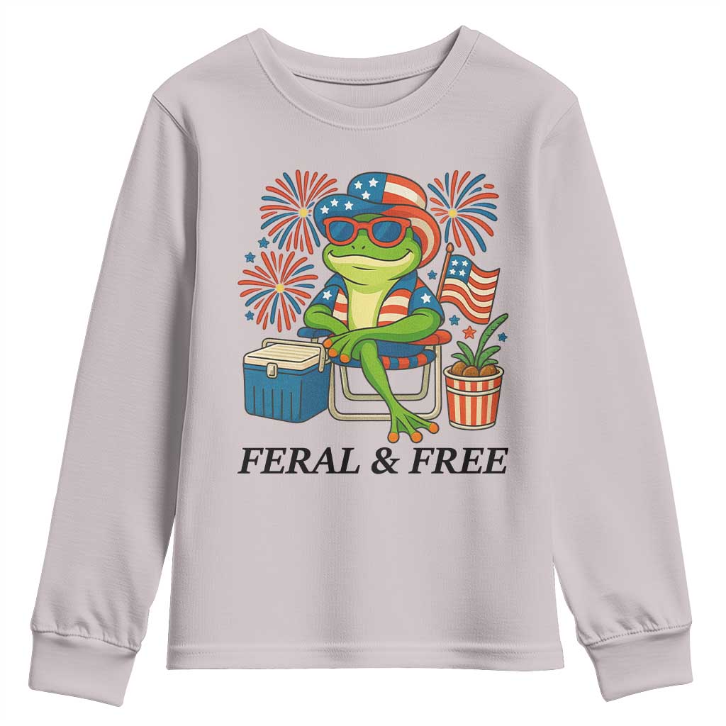 Feral & Free Youth Sweatshirt Funny 4th of July Patriotic Frog Lovers TS14 Ice Gray Print Your Wear