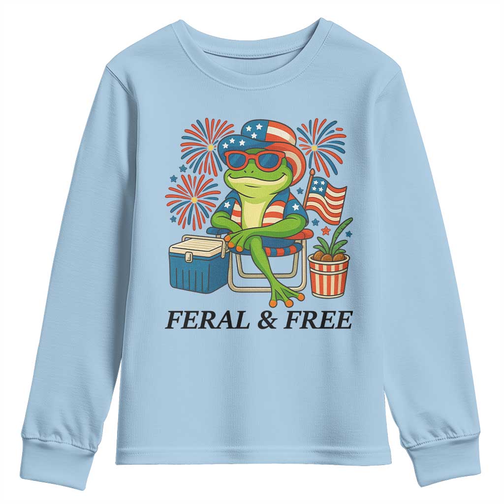 Feral & Free Youth Sweatshirt Funny 4th of July Patriotic Frog Lovers TS14 Light Blue Print Your Wear