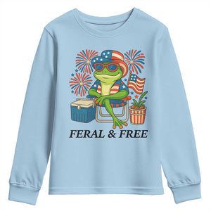 Feral & Free Youth Sweatshirt Funny 4th of July Patriotic Frog Lovers TS14 Light Blue Print Your Wear