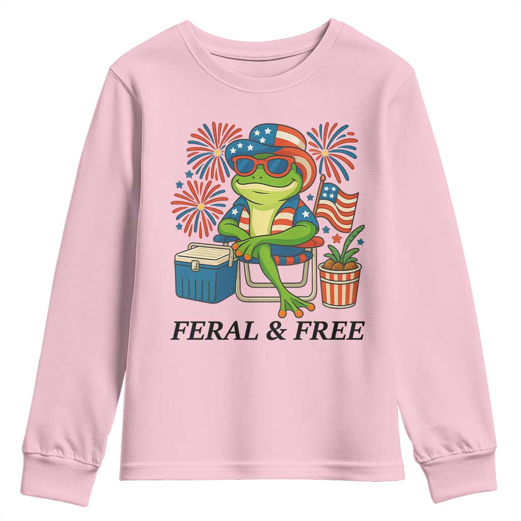 Feral & Free Youth Sweatshirt Funny 4th of July Patriotic Frog Lovers TS14 Light Pink Print Your Wear