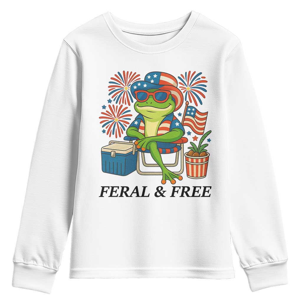 Feral & Free Youth Sweatshirt Funny 4th of July Patriotic Frog Lovers TS14 White Print Your Wear