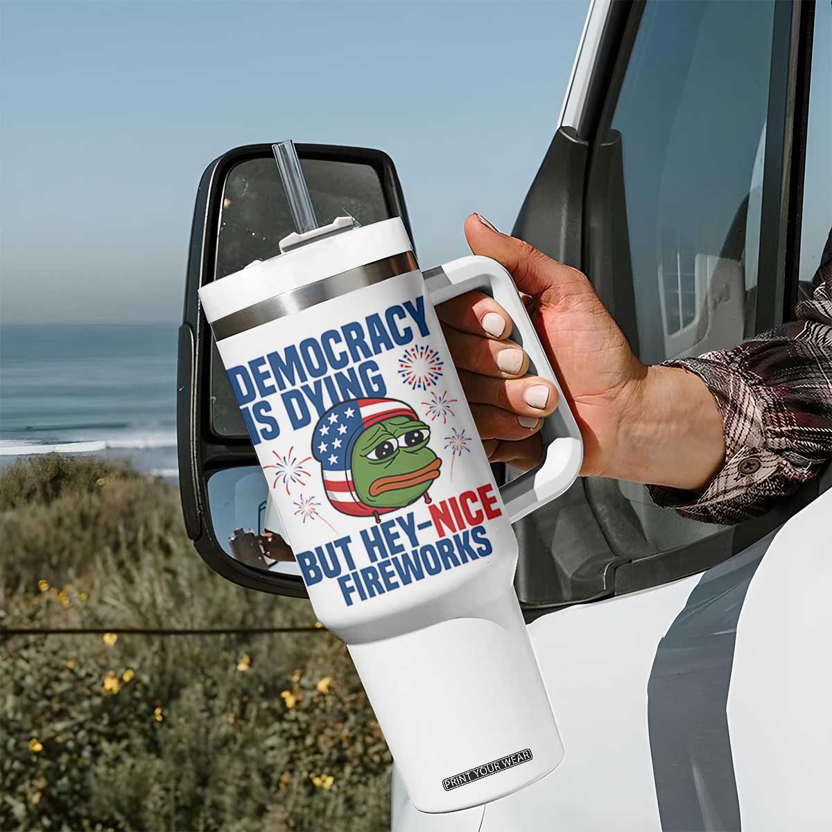 Funny Frog Meme 4th of July Tumbler With Handle 4th of Luly Democrary Is Dying But Hey Nice Fireworks TS14 Print Your Wear