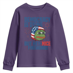 Funny Frog Meme 4th of July Youth Sweatshirt 4th of Luly Democrary Is Dying But Hey Nice Fireworks TS14 Purple Print Your Wear