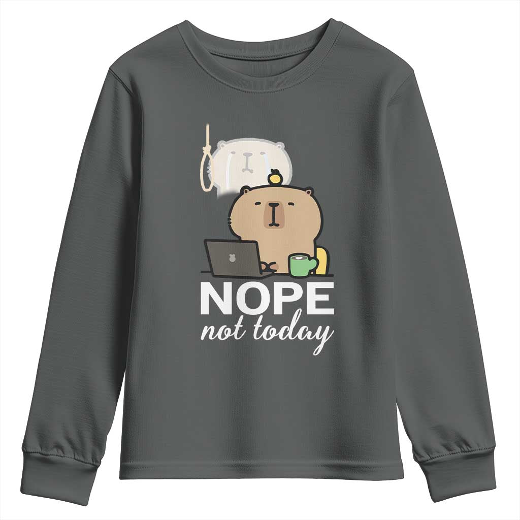Nope Not Today Youth Sweatshirt Funny Lazy Capybara Meme TS14 Dark Heather Print Your Wear