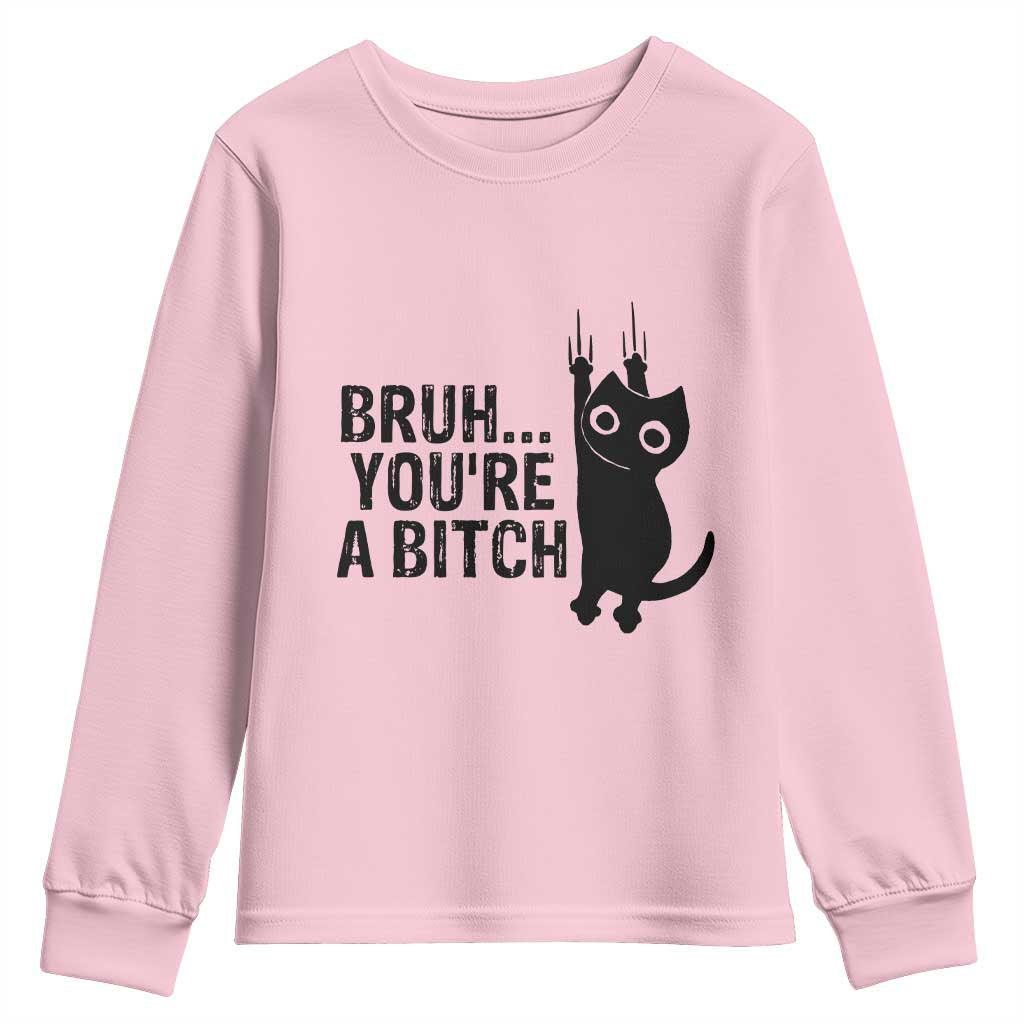 Funny Black Cat Youth Sweatshirt Bruh You Are A Bitch Kitty Sarcastic Meme TS14 Light Pink Print Your Wear