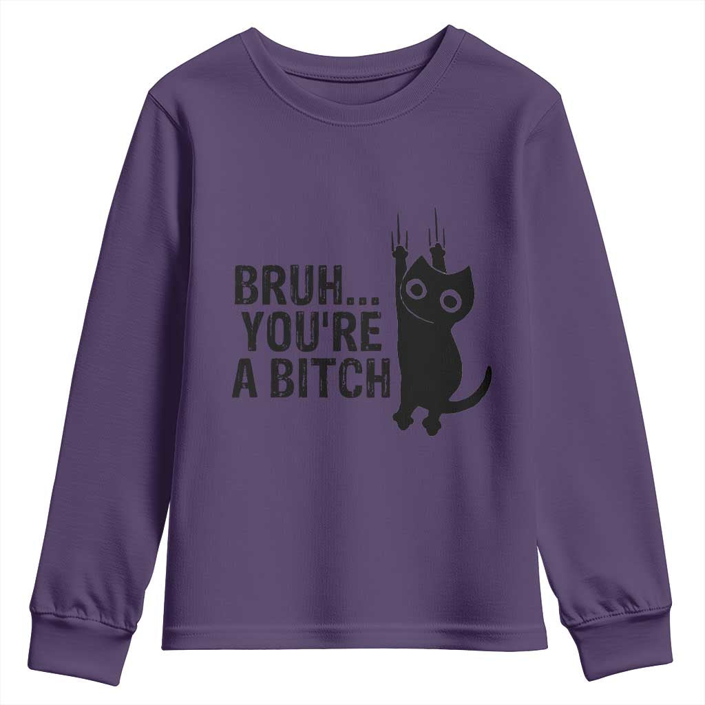 Funny Black Cat Youth Sweatshirt Bruh You Are A Bitch Kitty Sarcastic Meme TS14 Purple Print Your Wear