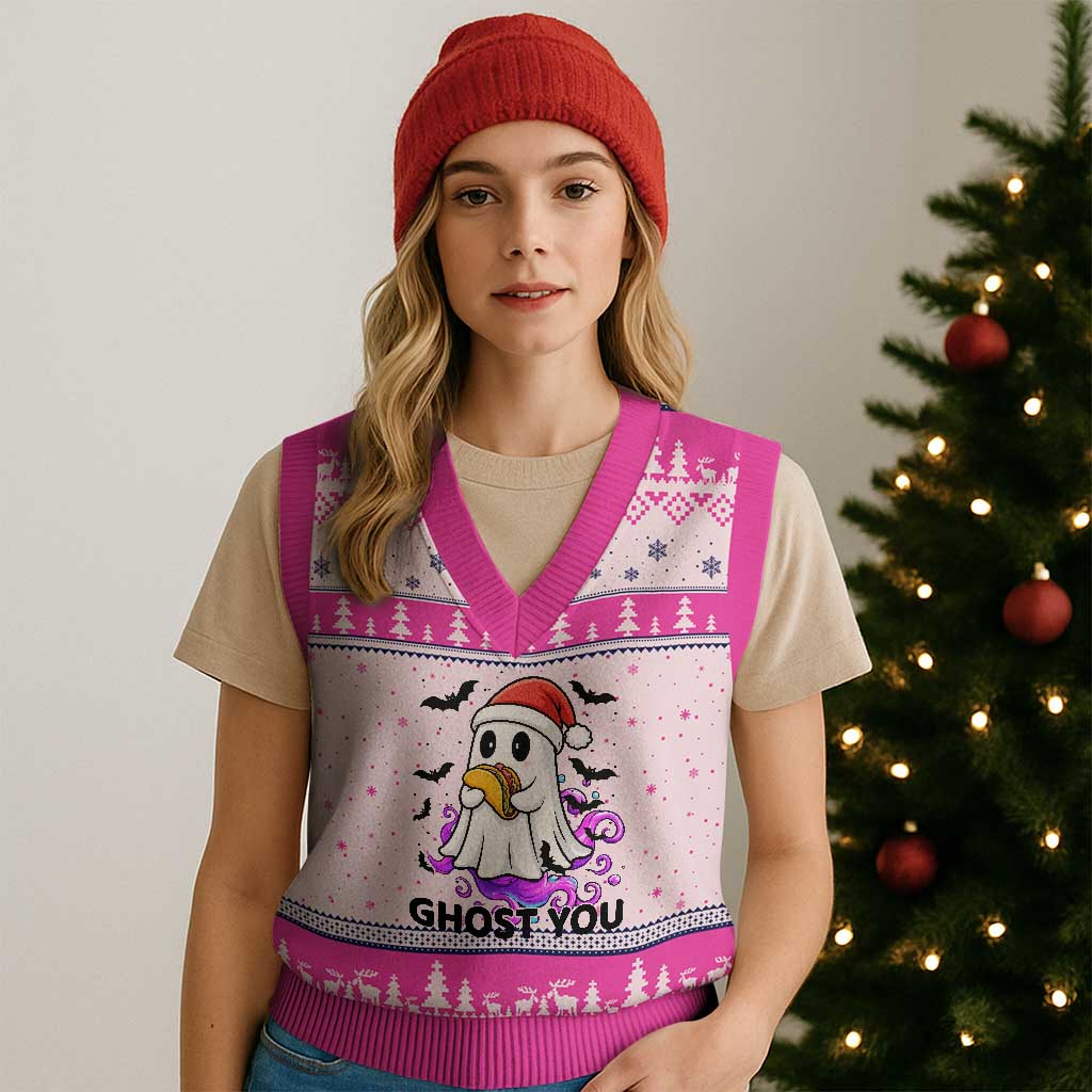 Funny Ghost Halloween Xmas V-Neck Knit Sweater Vest Ghost You TS14 Hot Pink Print Your Wear