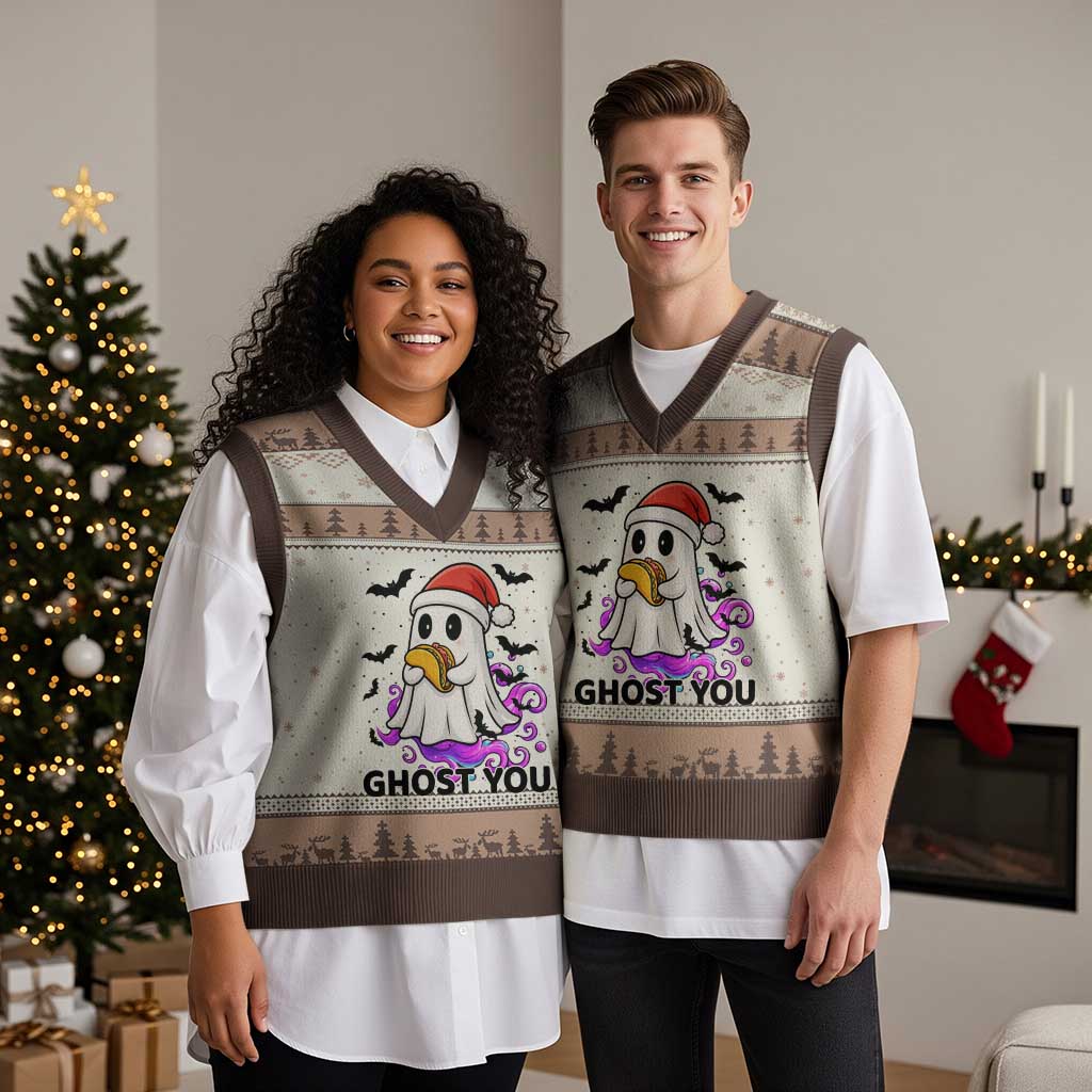 Funny Ghost Halloween Xmas V-Neck Knit Sweater Vest Ghost You TS14 Mocha Mousse Print Your Wear