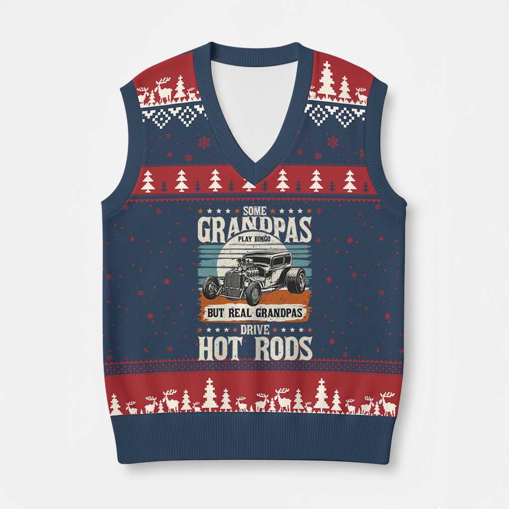 Some Grandpas Play Bingo Real Grandpas Drive Hotrods V-Neck Knit Sweater Vest 1932 American Classic Hotrod TS14 Navy Red Print Your Wear