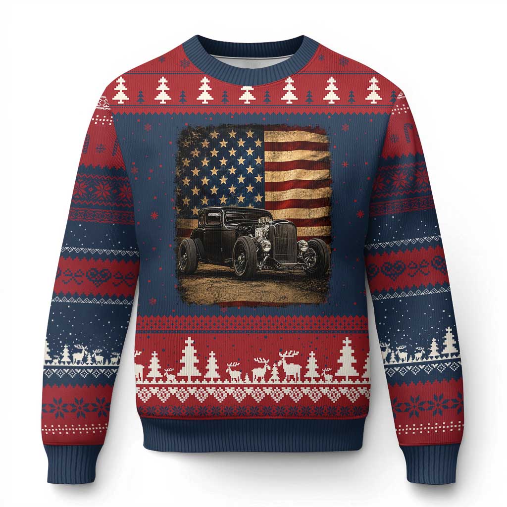 1932 American Classic Hotrod US Flag 4th of July Ugly Christmas Sweater TS14 Navy Red Print Your Wear