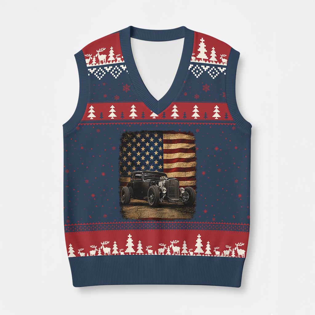 1932 American Classic Hotrod US Flag 4th of July V-Neck Knit Sweater Vest TS14 Navy Red Print Your Wear