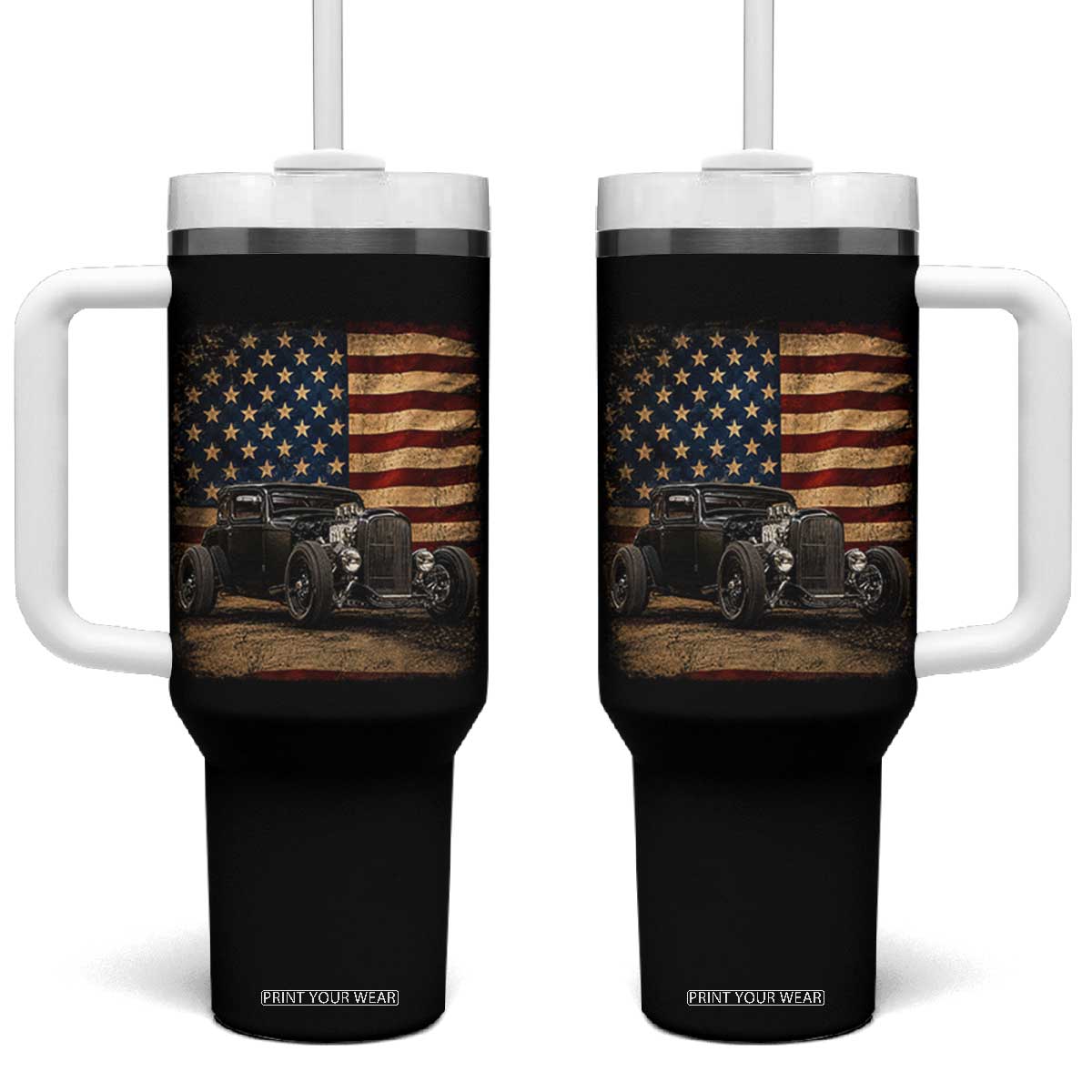 1932 American Classic Hotrod US Flag 4th of July Tumbler With Handle TS14 One Size: 40 oz Black Print Your Wear