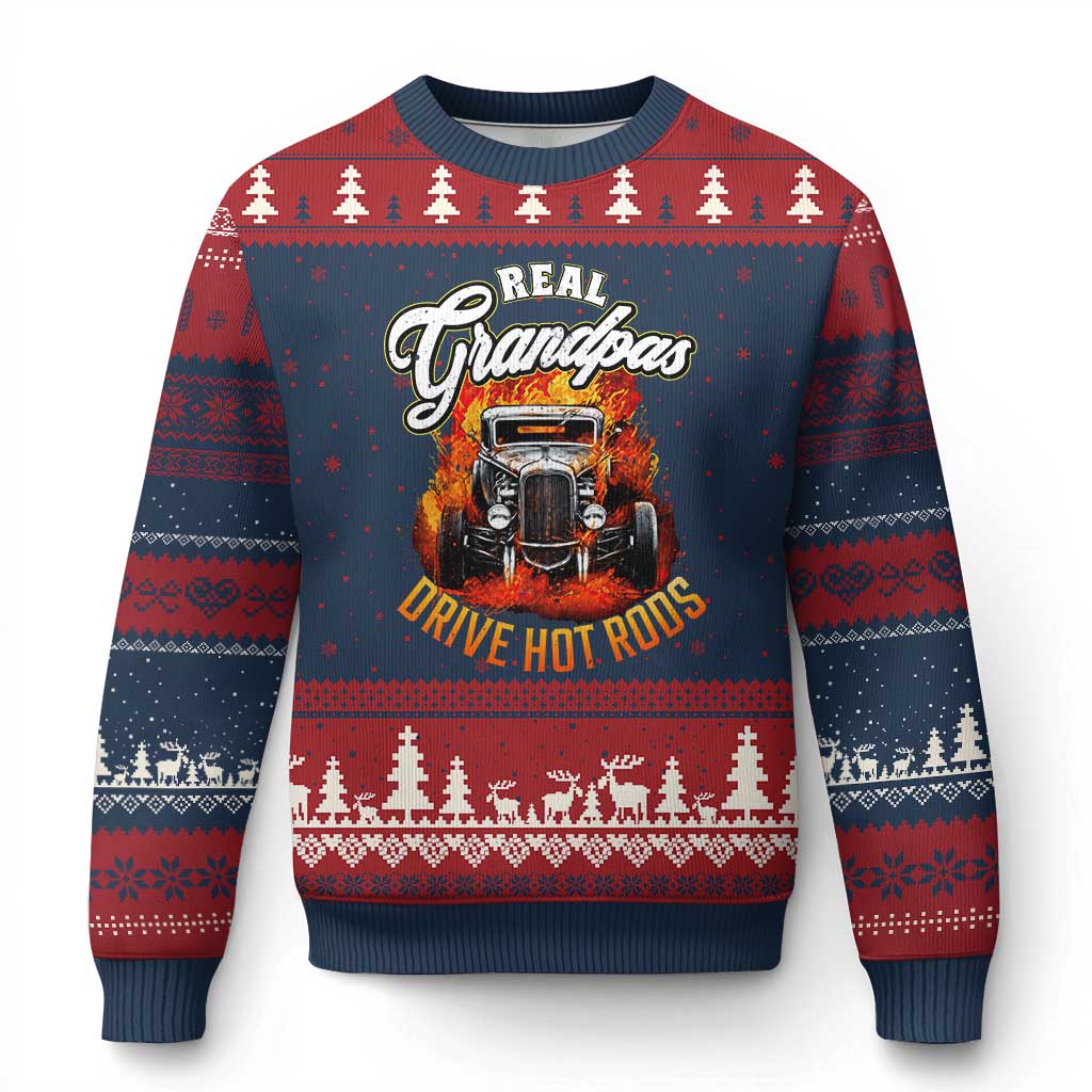 Real Grandpas Drive Hotrods Ugly Christmas Sweater Vintage 1932 Hotrod TS14 Navy Red Print Your Wear