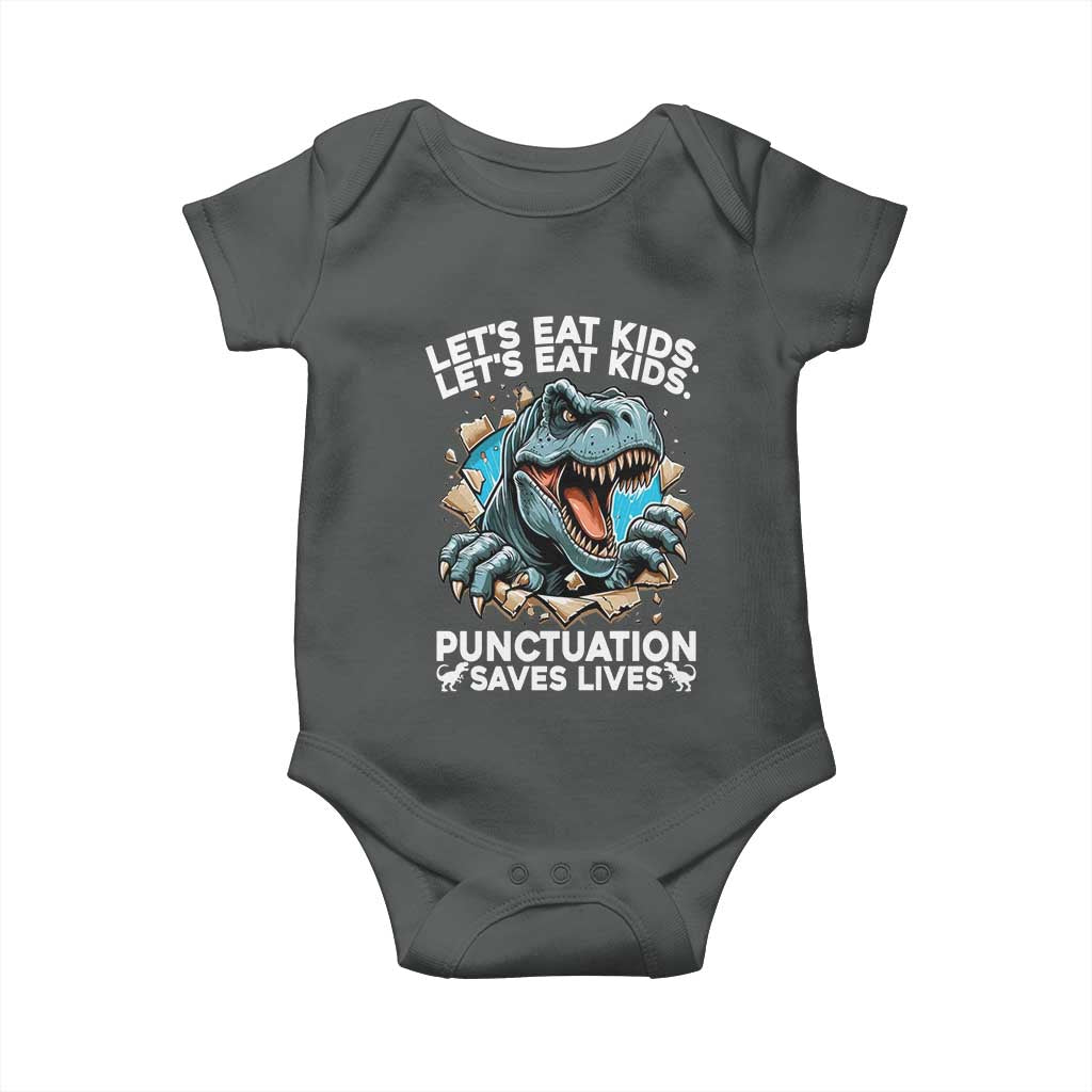 Funny Grammar Dino Baby Onesie Let Us Eat Kids Punctuation Saves Lives TS14 Dark Heather Print Your Wear