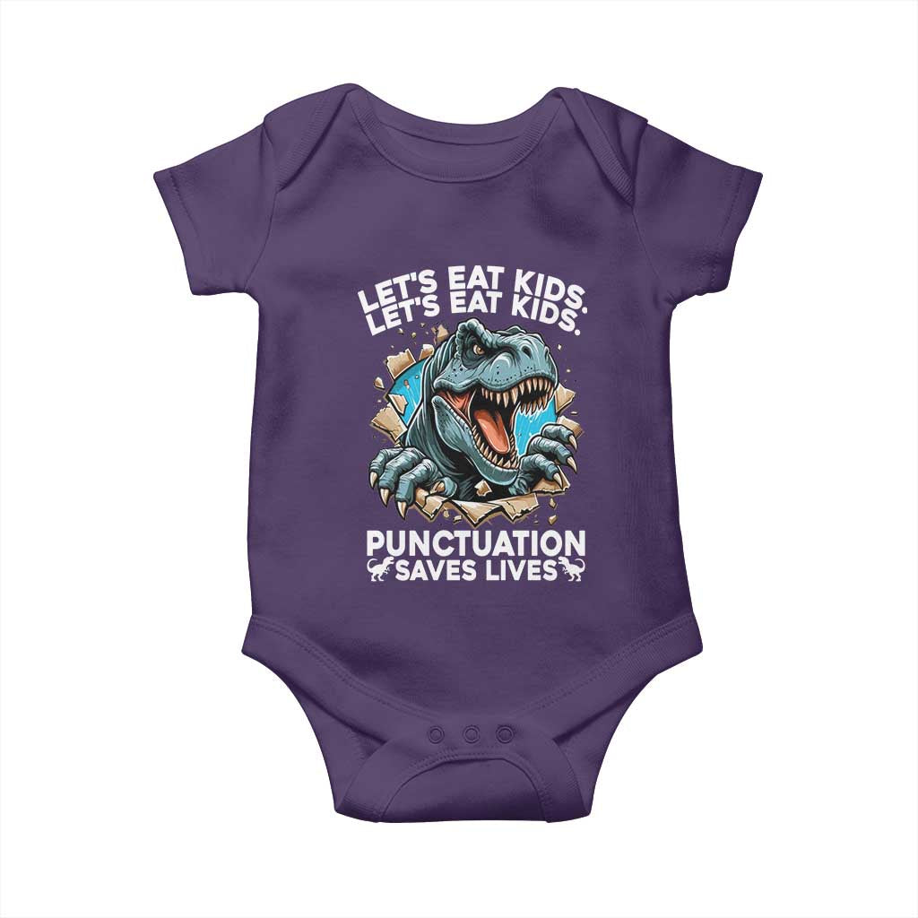 Funny Grammar Dino Baby Onesie Let Us Eat Kids Punctuation Saves Lives TS14 Purple Print Your Wear