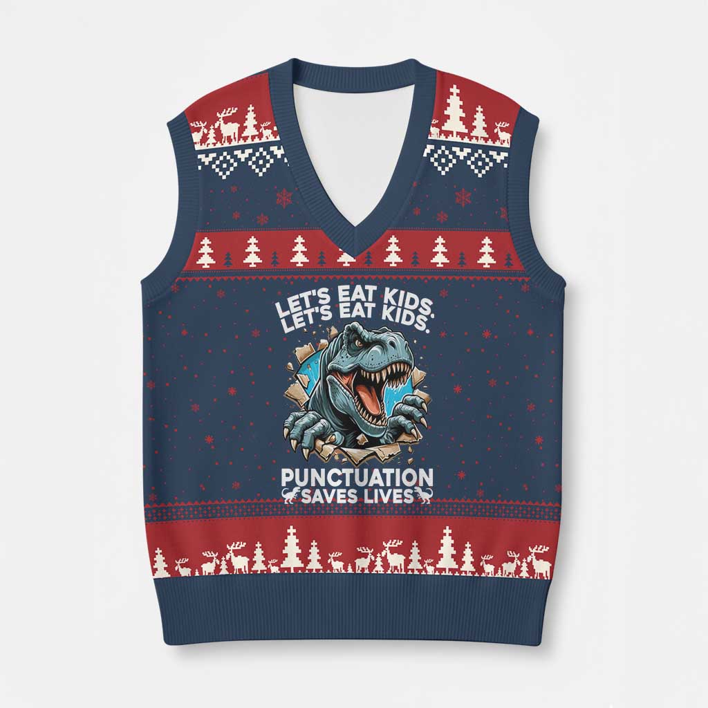 Funny Grammar Dino V-Neck Knit Sweater Vest Let Us Eat Kids Punctuation Saves Lives TS14 Navy Red Print Your Wear