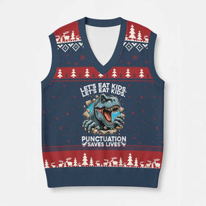 Funny Grammar Dino V-Neck Knit Sweater Vest Let Us Eat Kids Punctuation Saves Lives TS14 Navy Red Print Your Wear